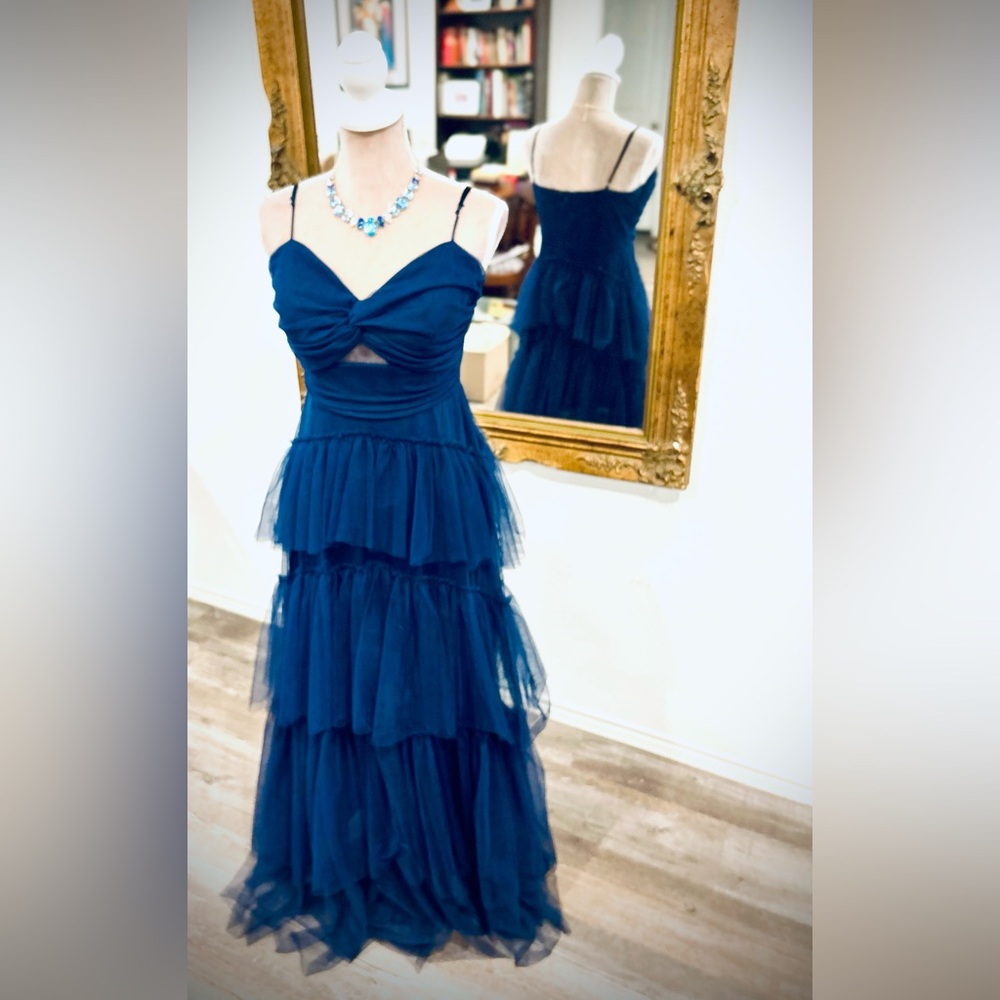 Tulle Tiered Skirt Prom Dress Blue Black Navy Evening Gown Goth Witchy Vibes - Picture 7 of 10